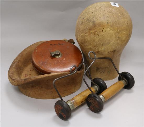 A hat stretcher, measure, hat block, copper vessell etc